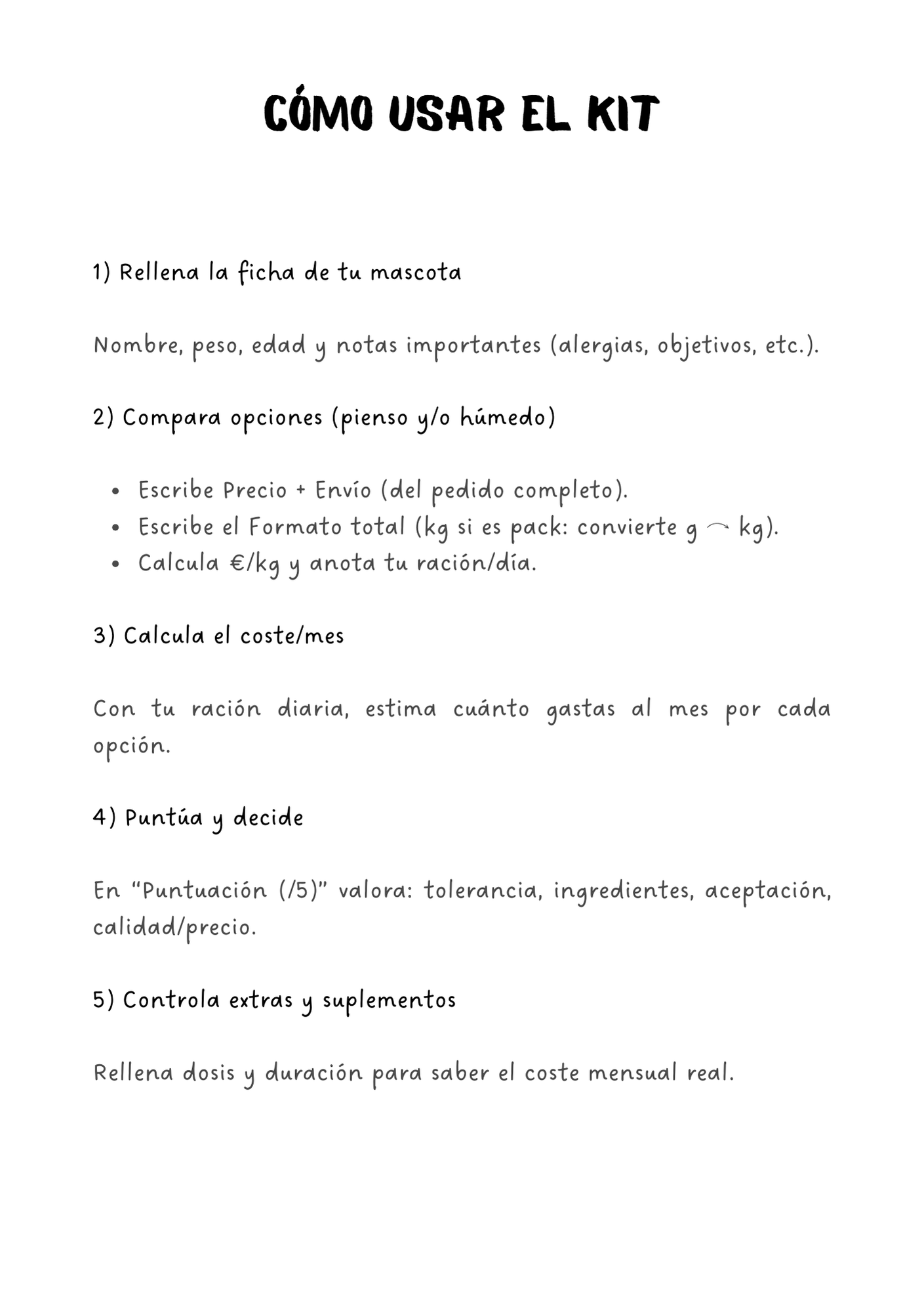 Kit de alimentación para mascotas A5 – comparador €/kg y coste mensual
