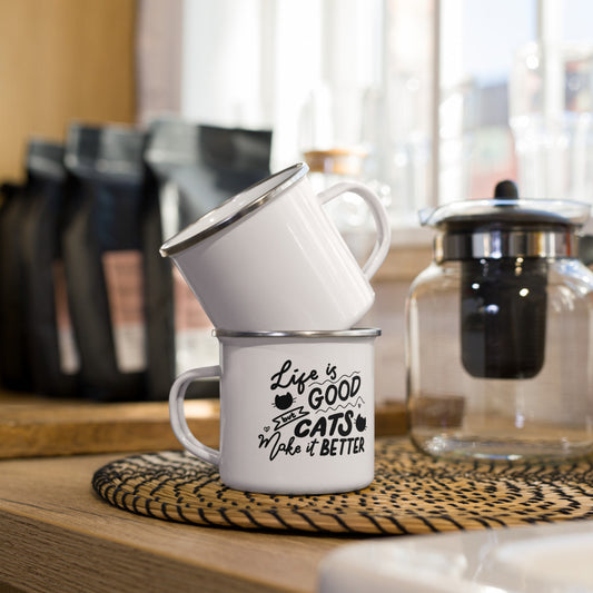 TAZA ESMALTADA con frase “Life is good but cats make it better” – 350 ml