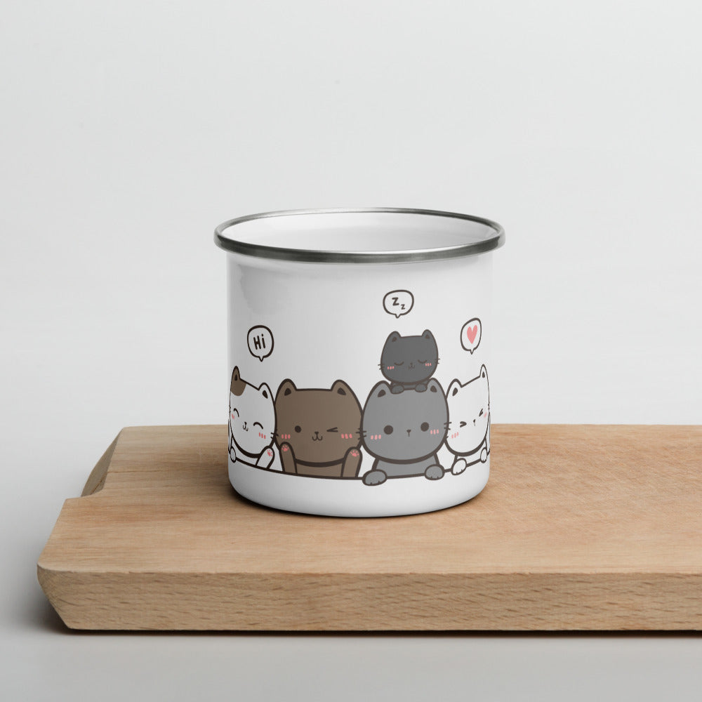 TAZA ESMALTADA con gatos saludando – 350 ml