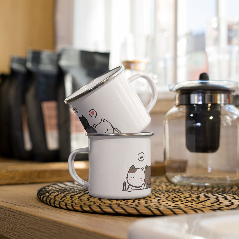 TAZA ESMALTADA con gatos saludando – 350 ml