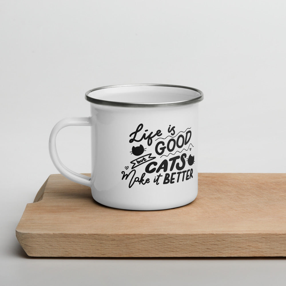 TAZA ESMALTADA con frase “Life is good but cats make it better”