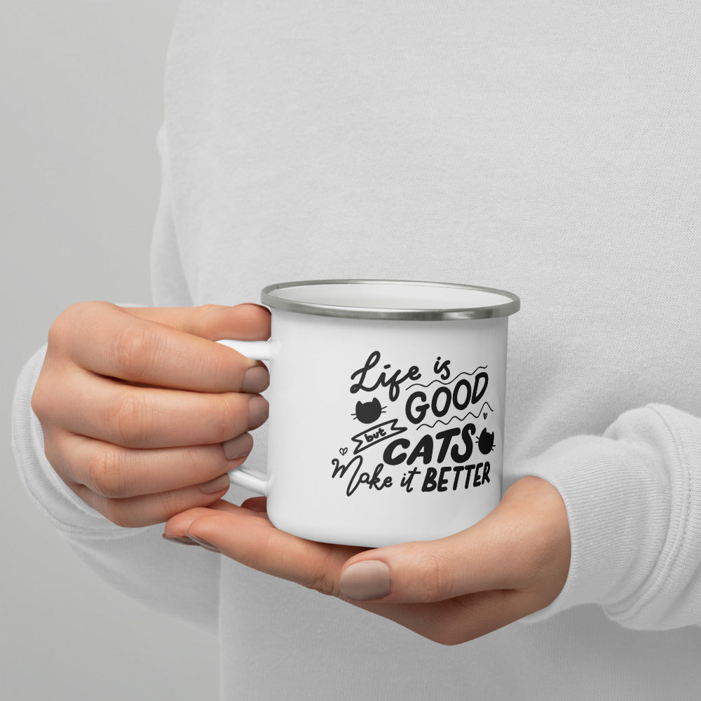TAZA ESMALTADA con frase “Life is good but cats make it better”