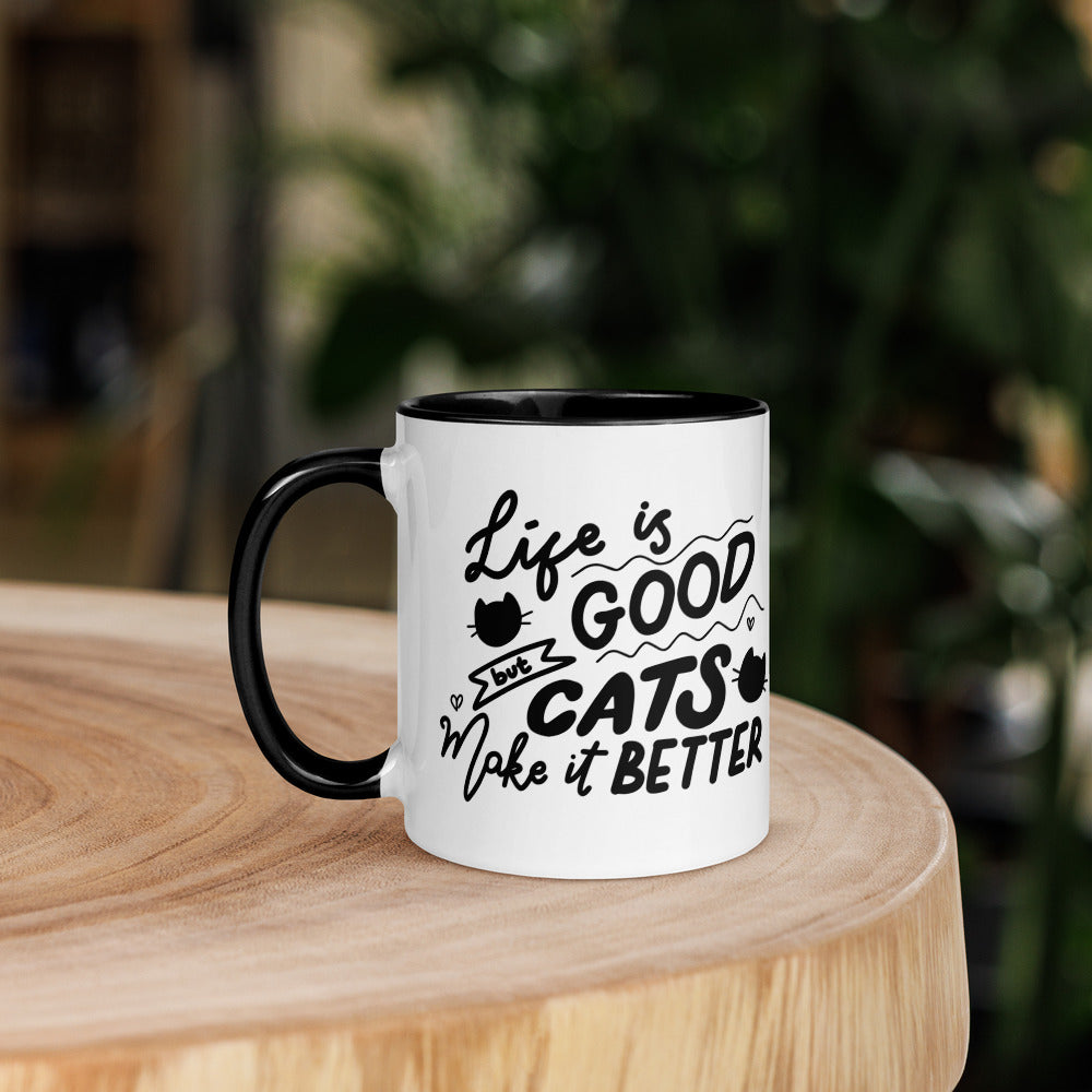 TAZA DE CERÁMICA con interior y asa de color – “Life is good but cats make it better”