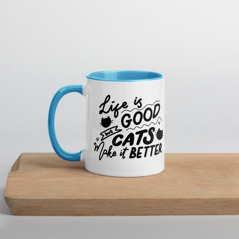 TAZA DE CERÁMICA con interior y asa de color – “Life is good but cats make it better”