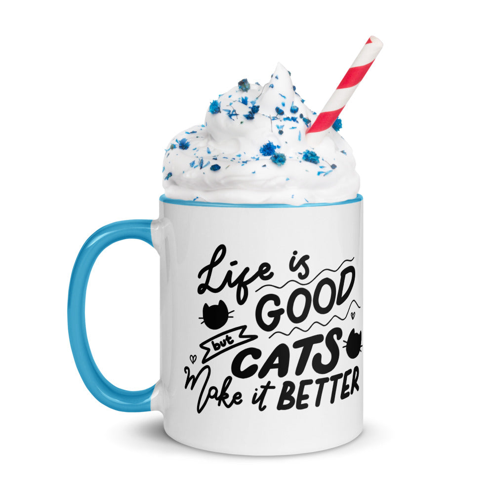 TAZA DE CERÁMICA con interior y asa de color – “Life is good but cats make it better”