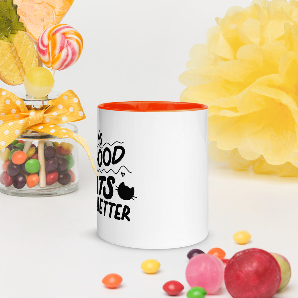 TAZA DE CERÁMICA con interior y asa de color – “Life is good but cats make it better”