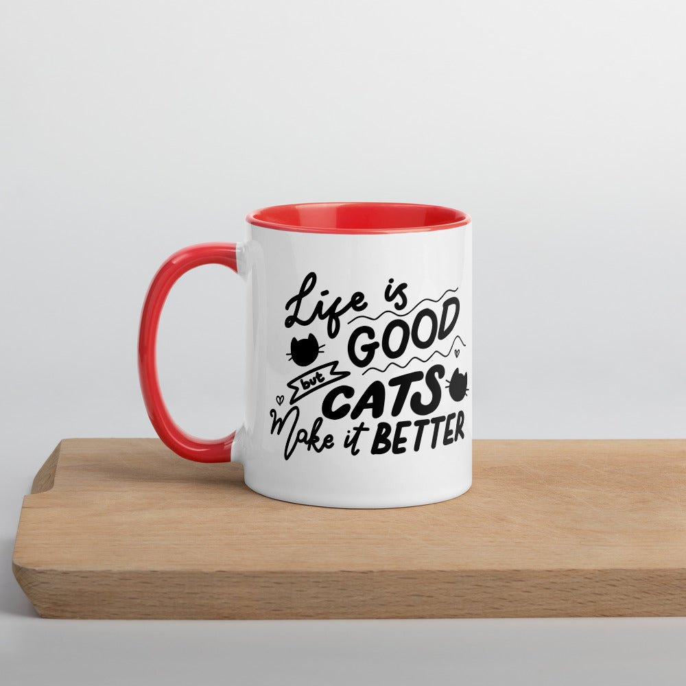 TAZA DE CERÁMICA con interior y asa de color – “Life is good but cats make it better”