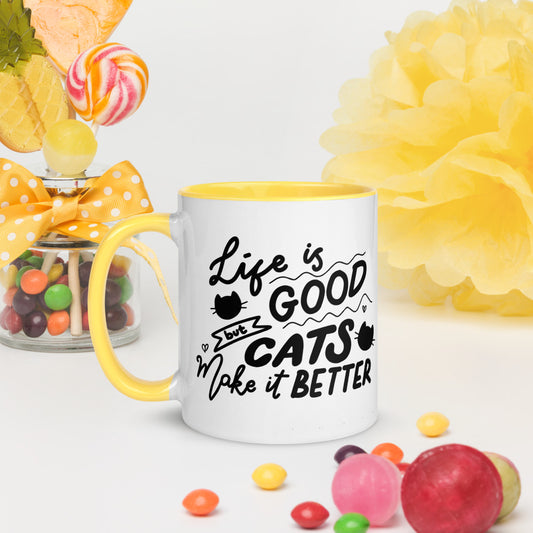 TAZA DE CERÁMICA con interior y asa de color – “Life is good but cats make it better”